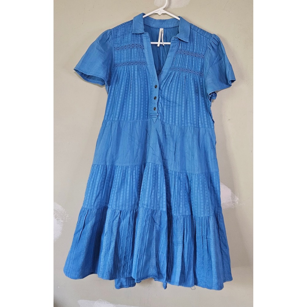 Anthropologie Blue Cotton Tiered Dress S Crochet Pintuck Short Sleeve V Neck